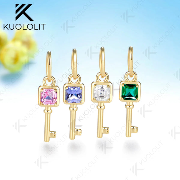 Kuololit Key Pendant Lab Grown Emerald Pink Sapphire Moissanite for Women Solid Yellow Gold No Chain