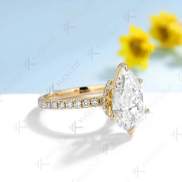 Kuololit 3CT IGI Lab Grown Diamond Rings for Women Solid 18K 14K 10K 585 Yellow Gold Pear Cut for Engagement Christmas Gifts