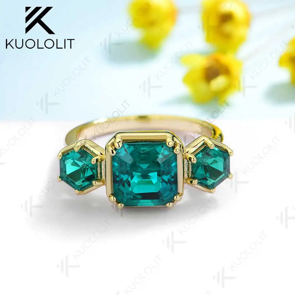 Kuololit 3.8CTW Lab Grown Emerald Rings for Women Solid 10K 585 Yelllow Gold Asscher Ring for Engagement Anniversary Engagement