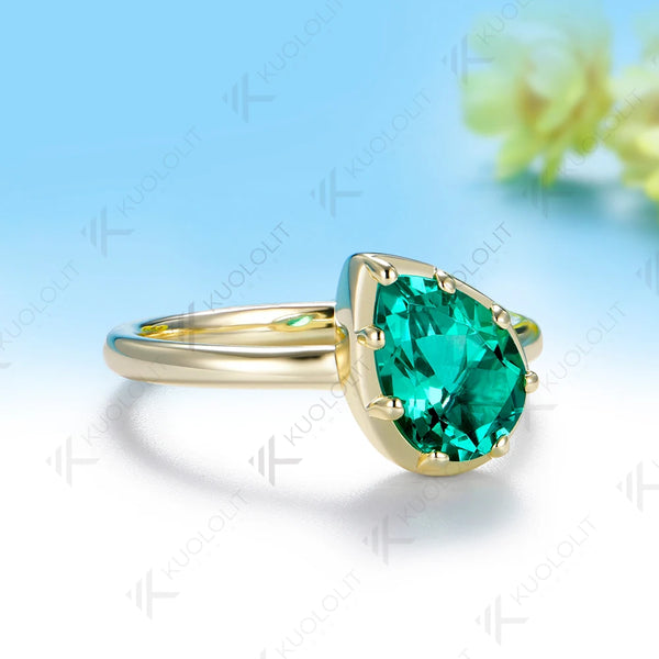 Kuololit 2CT Lab Grown Emerald Custom Ring for Women Men Solid 14K 10K Yellow Gold Pear for Anniversary Christmas Wedding Gifts