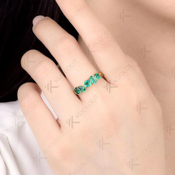 Kuololit 1.7CTW Lab Grown Emerald Ring for Women Solid 14K 10K 585 Yellow Gold for Eternity Half Band Christmas Gifts Jewelry