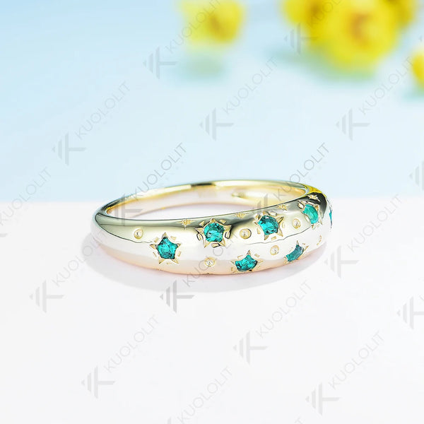 Kuololit 0.21CTW Lab Grown Emerald Starburst Band Rings Engagement Rings for Women Men Solid 14K Gold for Wedding Christmas Gift