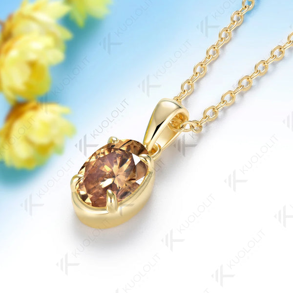 Kuololit 1.8CT Champagne Moissanite Necklace for Women Solid 14K 10K Yellow Gold Oval Cut Necklace for Engagement Christmas Gift