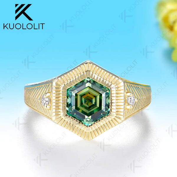 Kuololit 2CT Cyan Moissanite Custom Ring for Women Solid 14K 10K Yellow Gold Heaxgon Ring for Anniversary Christmas Gift Party
