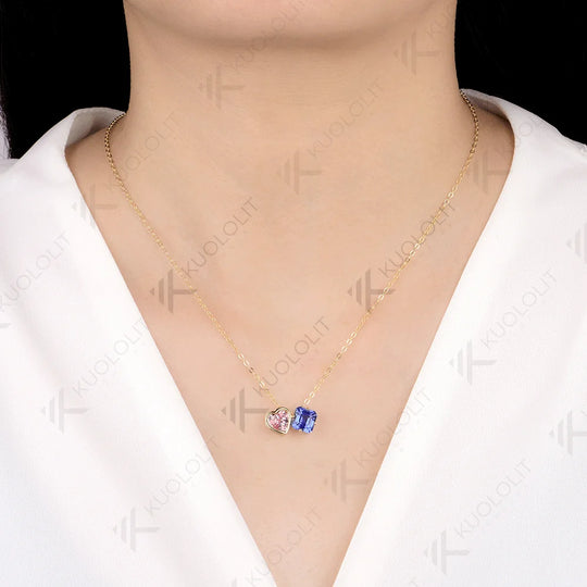 Kuololit 3CTW Lab Grown Blue Pink Sapphire Necklace for Women Solid 14K 10K 585 Yellow Gold Necklace for Christmas Gifts Party