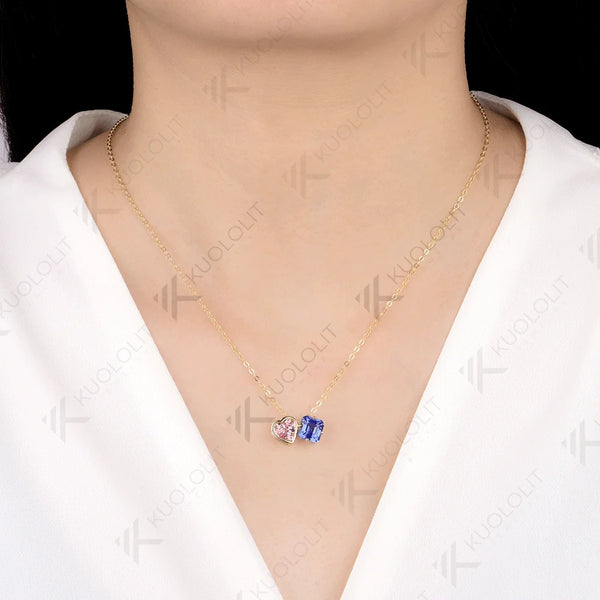 Kuololit 3CTW Lab Grown Blue Pink Sapphire Necklace for Women Solid 14K 10K 585 Yellow Gold Necklace for Christmas Gifts Party