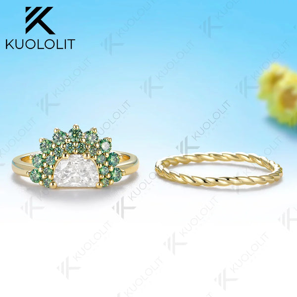 Kuololit 0.8CT Half Moon Cyan Mossanite Custom Ring for Women Solid 14K 10K 585 Yellow Gold Engagement Ring for Christmas Party