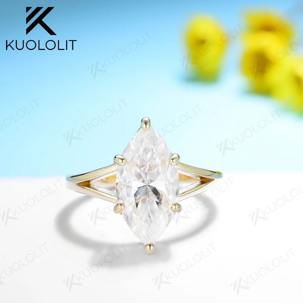 Kuololit 4CT Marquise cut Moissanite Ring for Women Solid 14K 10K 585 PT950 Gold Silver Yellow Gold Marquise for Engagement Wedding Christmas