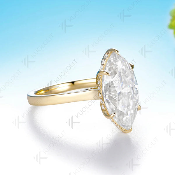 Kuololit 4CT Moissanite Custom Ring for Women Solid 14K 10K Yellow Gold Marquise Cut Engagement Ring for Christmas Anniversary