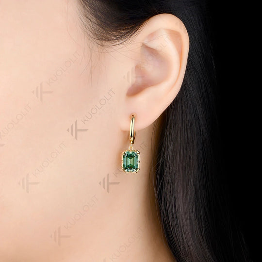 Kuololit 6CTW Emerald Cut Cyan Moissanite Earrings for Women Solid 14K 10K 585 Yellow Gold Clip Earrings for Christmas Gifts