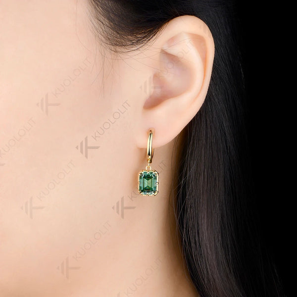 Kuololit 6CTW Emerald Cut Cyan Moissanite Earrings for Women Solid 14K 10K 585 Yellow Gold Clip Earrings for Christmas Gifts