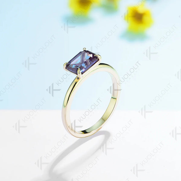 Kuololit 2CT Emerald Cut Lab Grown Alexandrite Gemstone Rings for Women Men Solid 18K14K10K YellowGold for Party Christmas Gifts