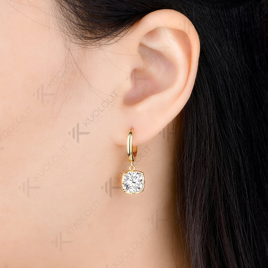 Kuololit 5CTW Cushion Cut Moissanite Earrings for Women Solid 14K 10K Yellow Gold Cushion Cut Clip Earrings for Christmas Gifts