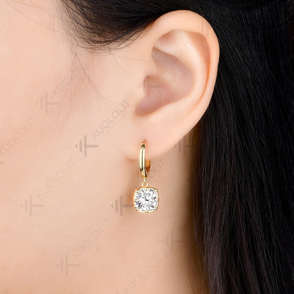 Kuololit 5CTW Cushion Cut Moissanite Earrings for Women Solid 14K 10K Yellow Gold Cushion Cut Clip Earrings for Christmas Gifts