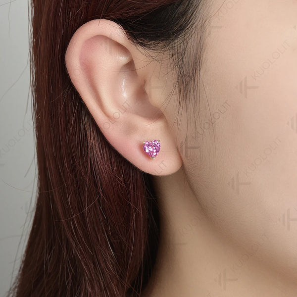 Kuololit 2.4CTW Lab Grown Padparadscha Heart  Earrings for Women Pure 18K 14K 10K Gold Stub Gemstone Earrings Anniversary Gifts