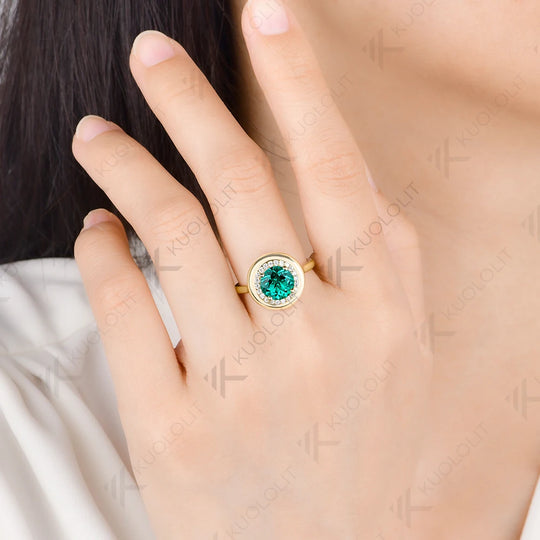 Kuololit 2CT Lab Grown Emerald Gemstone Moissanite Custom Ring for Women Men Solid 14K 10K Yellow Gold for Anniversary Christmas