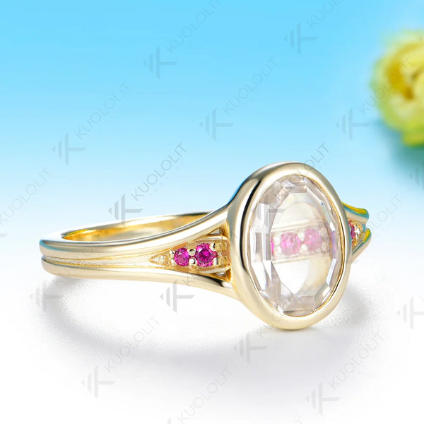 Kuololit 2CT Unique Portrait oval cut Moissanite Ruby Custom Rings for Women Solid 14K 10K Yellow Gold for engagement Christmas