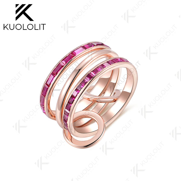 Kuololit 4.6CTW Lab Grown Ruby Stackable Engagement Rings for Women Solid18K14K 585 Rose Gold Bezel Set Band for Christmas Gifts