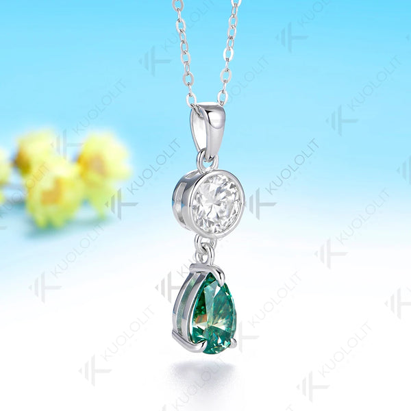 Kuololit 2.5CTW Cyan Pear Round Cut Moissanite Custom Necklace for Women Solid 585 14K 10K White Gold for Christmas Gifts Party