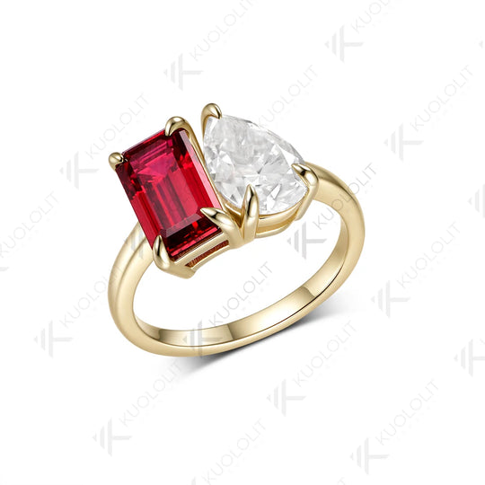 Kuololit 5.5CTW Lab Grown Ruby Moissantie Custom Ring for Women Solid 14K 10K  Yellow Gold Pear for Anniversary Christmas Gift