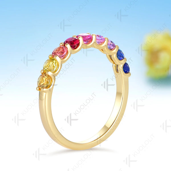 Kuololit 0.9CTW Lab Grown  Rainbow Ring for Women Solid 14K 10K 585 Yellow Gold Engagement Ring for Christmas Gifts Party New