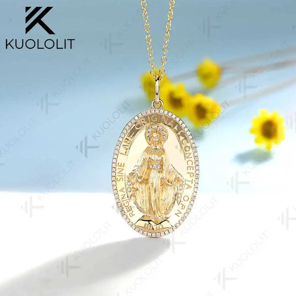 Kuololit 0.34CTW Moissanite Jesus Necklace for Women Solid 10K 14K 18K Yellow Gold Pendant Necklace for Christmas Gifts Party