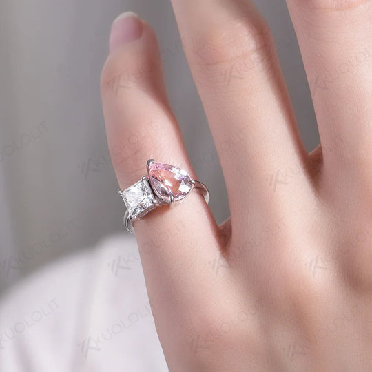 Kuololit Lab Grown Pink Sapphire Pear Cut Rings for Women 18K 14K White Gold Moissanite Princess Cut Ring for Engagement Party