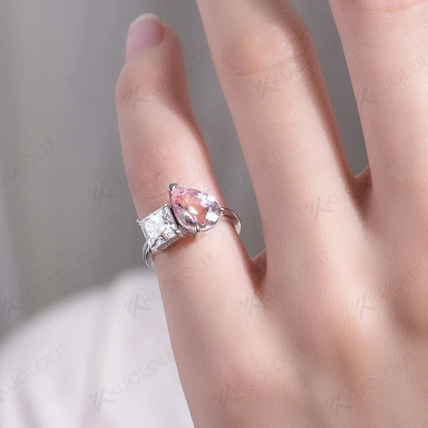Kuololit Lab Grown Pink Sapphire Pear Cut Rings for Women 18K 14K White Gold Moissanite Princess Cut Ring for Engagement Party