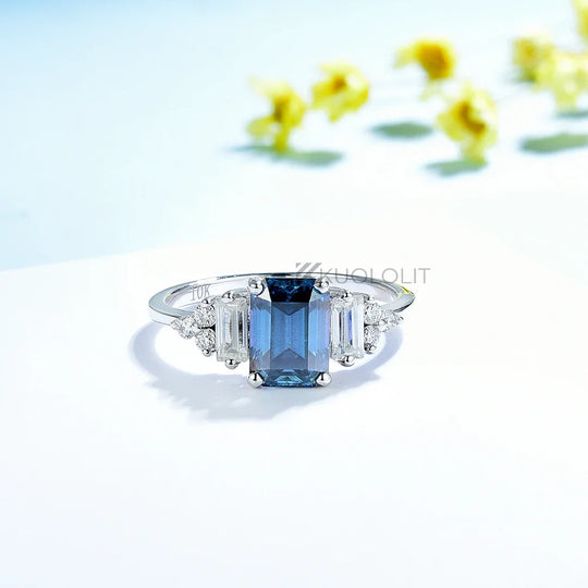 Kuololit 1CT Emerald Cut Blue Moissanite Ring for Women Solid 14K 10K White Gold
