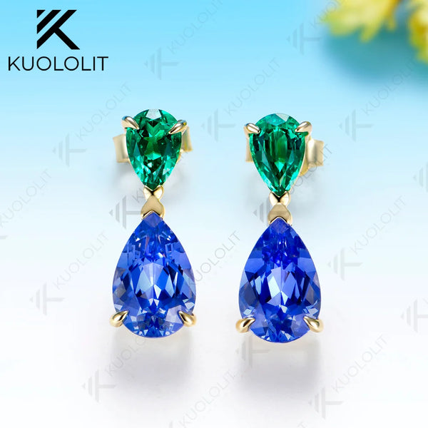 Kuololit 4CTW Lab Grown Emerald Sapphire Clip Earrings for Women Solid 14K 10K 585 Yellow Gold Rhombus Cut for Christmas Gifts