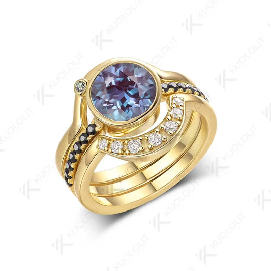 Kuololit 2CT Lab Grown Alexandrite with Moissanite Set Ring for Women Solid 14K 10K 585 Yellow Gold for Christmas Gifts Party