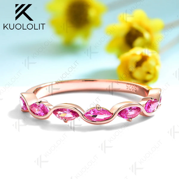 Kuololit 0.7CTW Lab Grown Pink Sapphire Marquise Ring for Women Solid 14K 10K 585 Rose Gold Wedding Band for Christmas Gifts