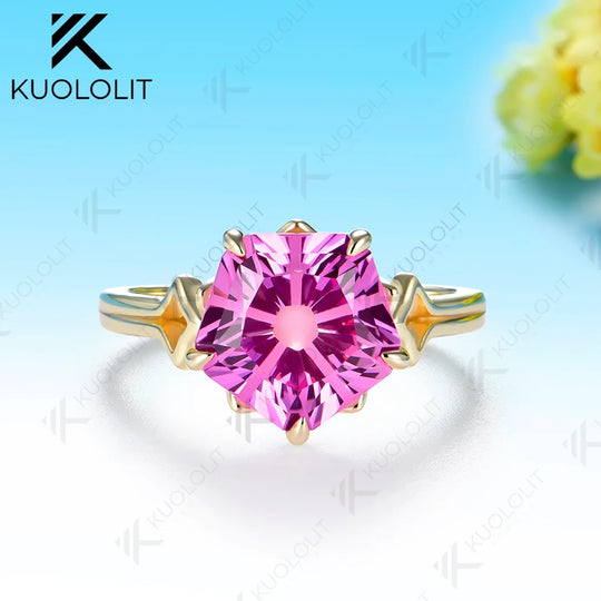 Kuololit 5CT Lab Grown Pink Sapphire Custom Ring for Women Solid 14K 10K 585 Yellow Gold Sakura Cut for Christmas Gift Party