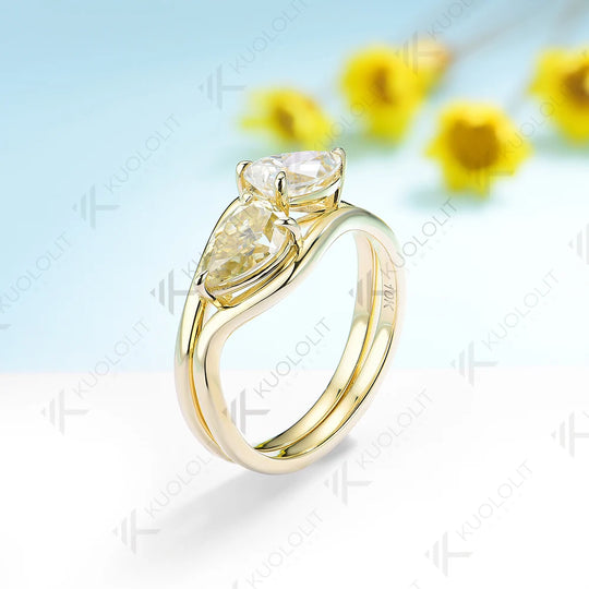 Kuololit 3.0ctw Pear Moissanite Engagement Ring for Women Solid 18K 14K 10K 585 Yellow Gold Double Set Ring for Christmas Gifts