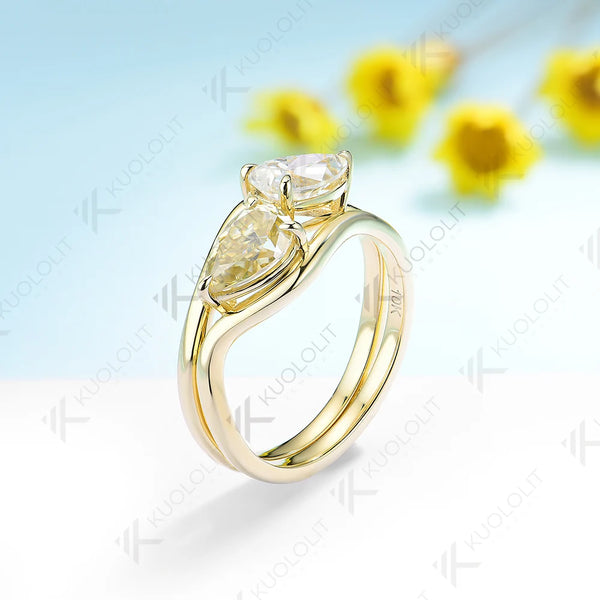 Kuololit 3.0ctw Pear Moissanite Engagement Ring for Women Solid 18K 14K 10K 585 Yellow Gold Double Set Ring for Christmas Gifts