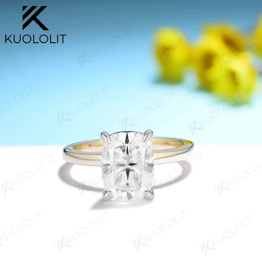 Kuololit 2.5CT Moissanite Ring for Women Solid 14K 10K 585 Cushion Two Tone Color Yellow Gold for Engagement Wedding Christmas