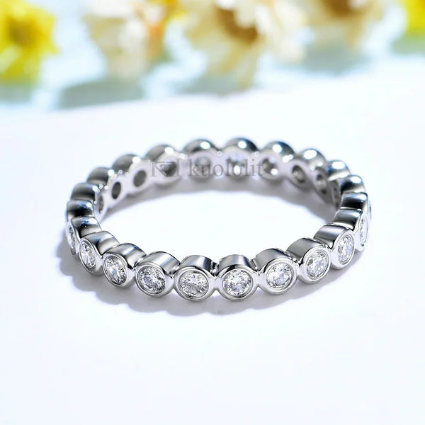 Kuololit 585 14K 10K White Gold Bubble Ring for Women Bezel Set Moissanite Solitaire Ring Matching Full Eternity Wedding Band