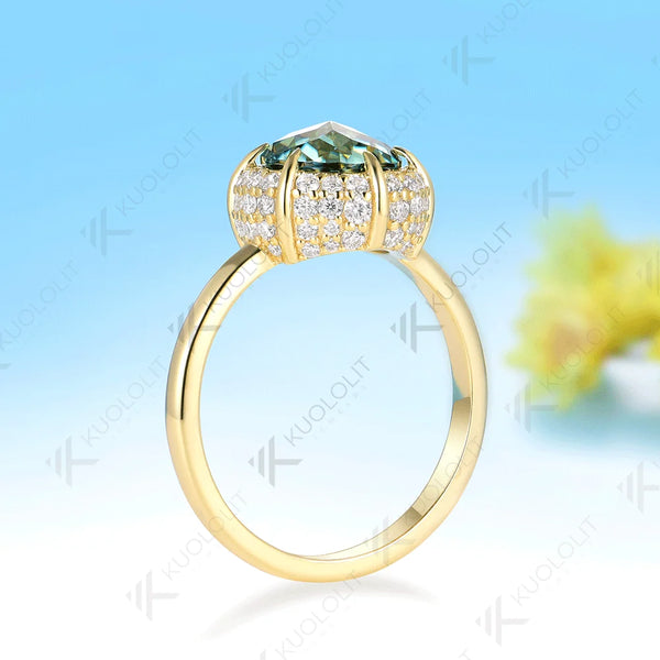 Kuololit 2CT Jubilee Cut Cyan Round Moissanite Ring for Women Solid 14K 10K 925 Sliver Yellow Gold Engagement Ring for Christmas