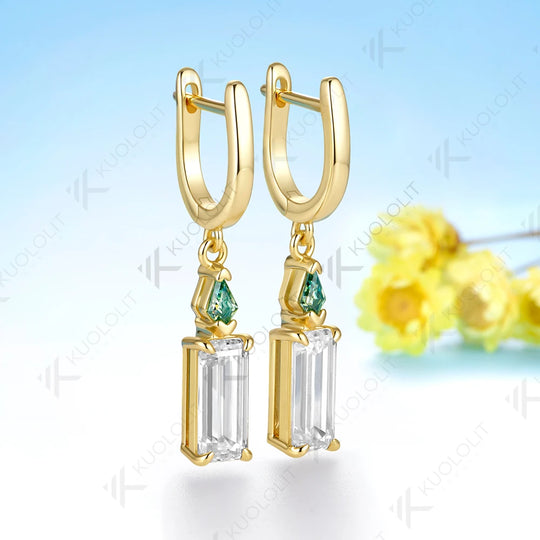 Kuololit 3.8CTW Emerald Cut Moissanite  Earrings for Women Solid 14K 10K Yellow Gold Cyan Earrings for Christmas Gifts Party