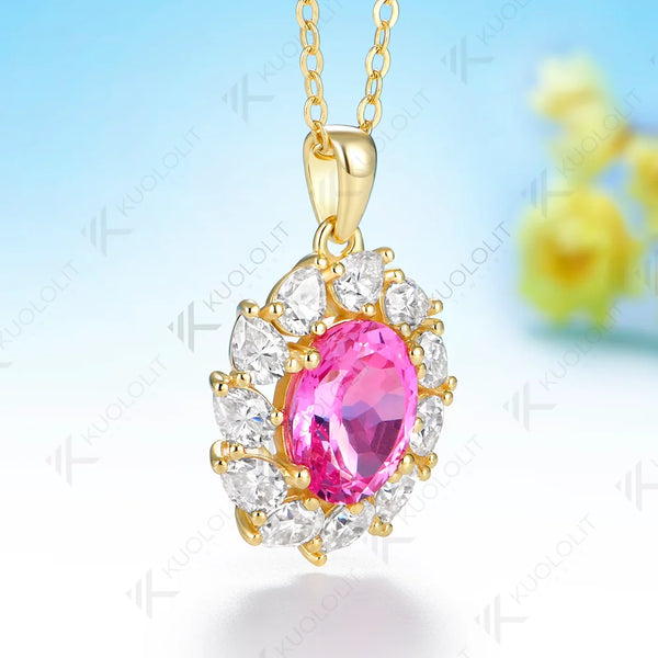 Kuololit 3.5CT Lab Pink Sapphire Pear Moissanite Necklace for Women Solid 585 14K 10K Yellow Gold Custom Necklace for Christmas