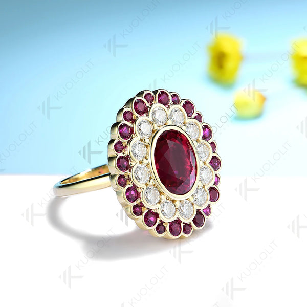 Kuololit 3CT Lab Grown Ruby with Moissanite Rings for Women Olid 14K 10K 585 White Gold Silver for Engagement Wedding Christmas