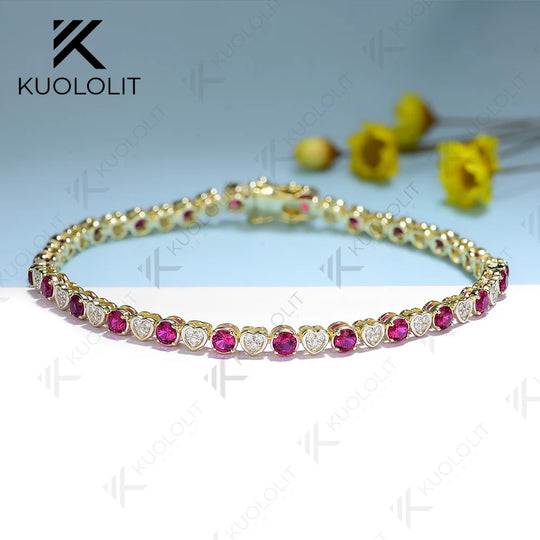Kuololit Lab Grown Diamond Ruby Tennis Bracelet for Women Men Solid 18K 14K 10K 585 Yellow Gold Diamond Bracelet for Christmas