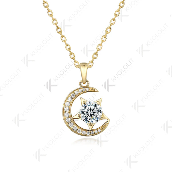 Kuololit 1.2CT Moon Star Moissanite Necklace for Women Solid 10K 14K 18K 925 Sliver Moissanite Pendant for Engagement Christmas