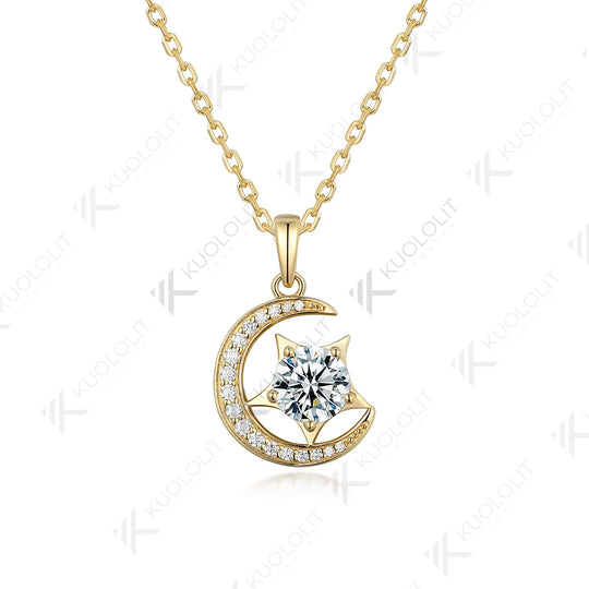 Kuololit IGI 1.2CT Moon Star Lab Grown Diamond Necklace for Women Solid 10K 14K Gold Diamond Pendant for Engagement Christmas