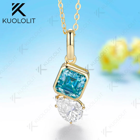 Kuololit 3CTW Cyan Moissanite Pear Asscher Cut Custom Necklace for Women Solid 585 14K 10K Yellow Gold for Christmas Gifts Party