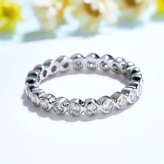 Kuololit Lab Grown Diamonds Rings for Women Bezel Set 585 14K 10K White Gold Bubble Rings Matching Full Eternity Wedding Band