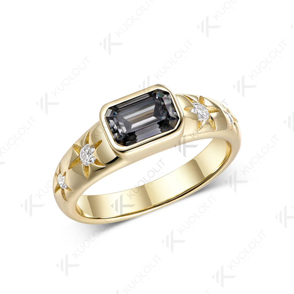 Kuololit 1CT Grey Moissanite Emerald Cut Custom Ring for Women Solid 14K 10K Yellow Gold Engagement Ring for Christmas Party