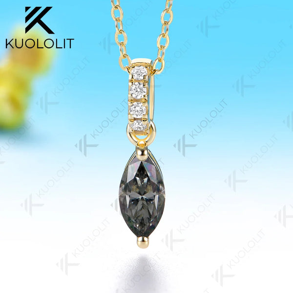 Kuololit 1CT Gray Moissanite Custom Necklace for Women Solid 585 14K 10K Yellow Gold Marquise Necklace for Christmas Gifts Party