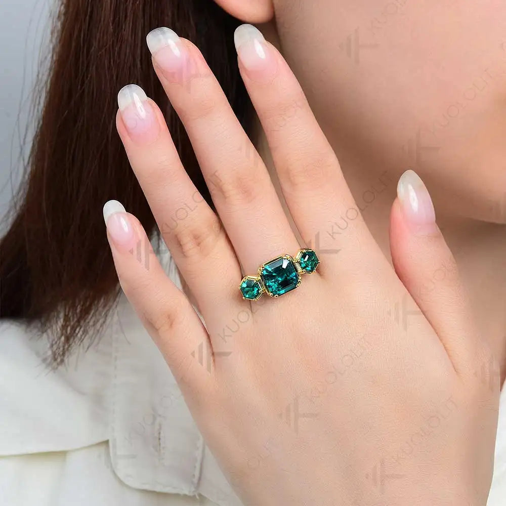 Kuololit 3.8CTW Lab Grown Emerald Rings for Women Solid 10K 585 Yelllow Gold Asscher Ring for Engagement Anniversary Engagement