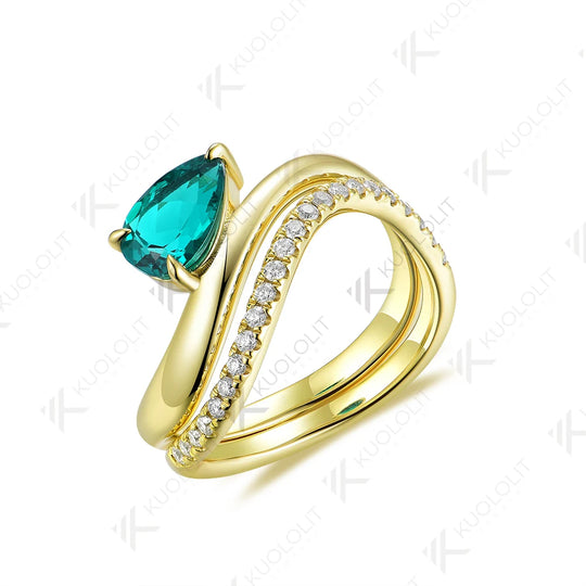 Kuololit 1.5CT Pear Cut Lab Grown Emerald Sets Engagement Rings for Men Women Solid 10K 14K 18K Gold For Wedding Christmas Gift